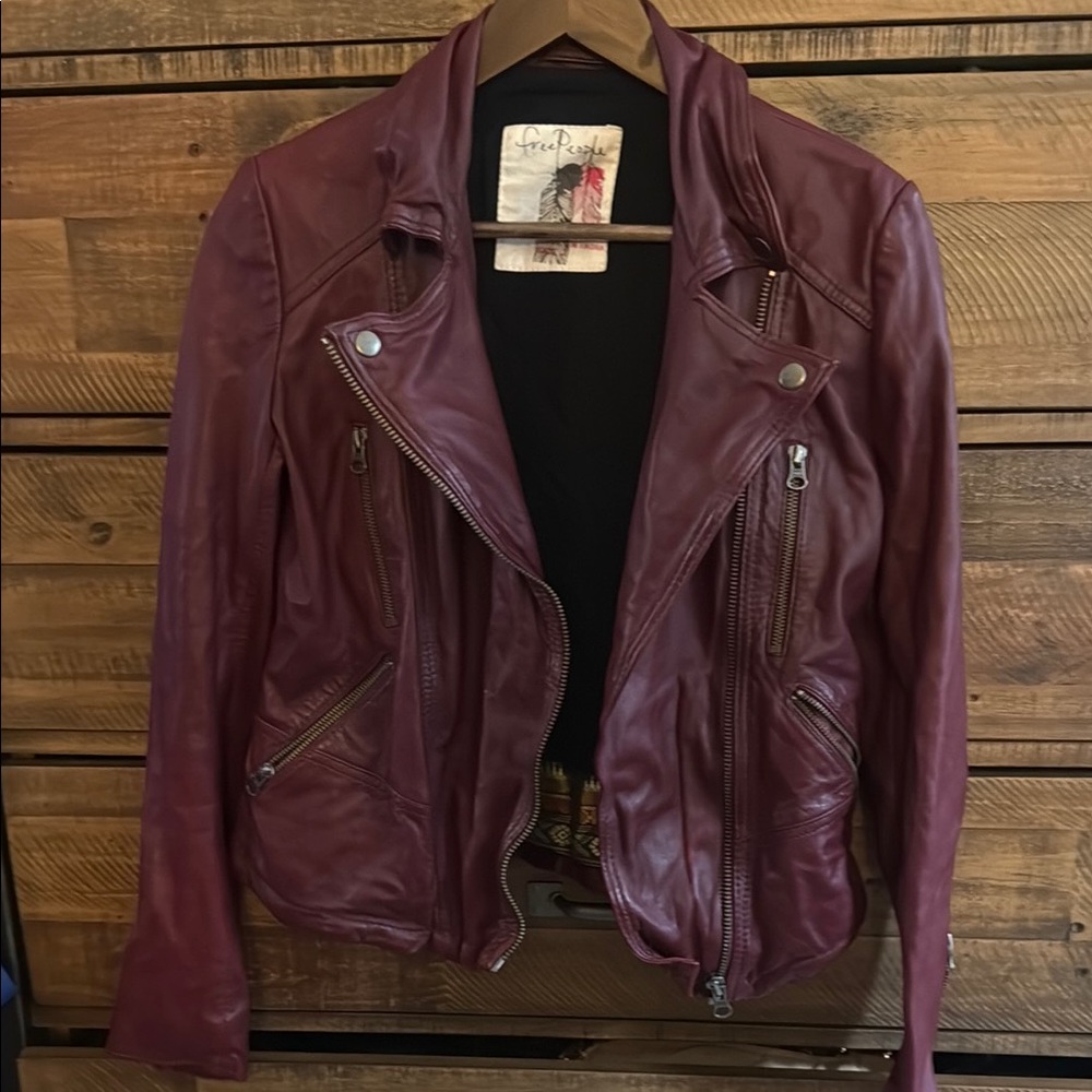 Free People Red Leather Jacket Asymmetrical Design